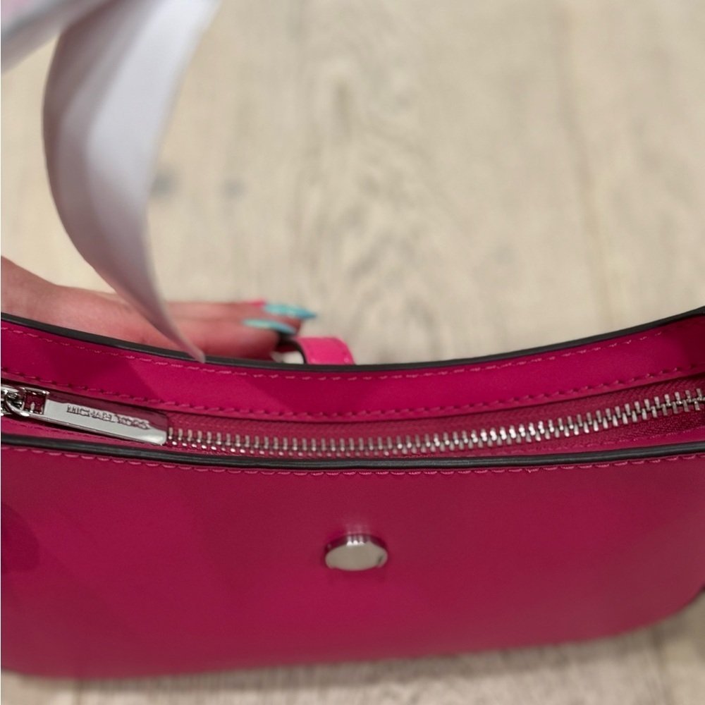 Michael Kors Lyra Small Leather Pouchette Dragonfruit Pink Silver Charm Purse - Picture 12 of 15